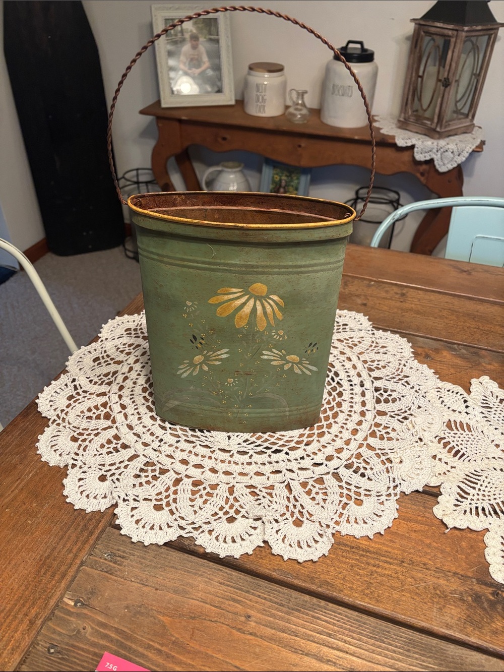 Green Floral Metal Bucket with Handle - Decorative Home Accent